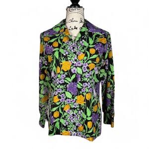 1970s Floral Print Blouse Le Soft Shirt Lady Manhattan Glows in UV Blacklight